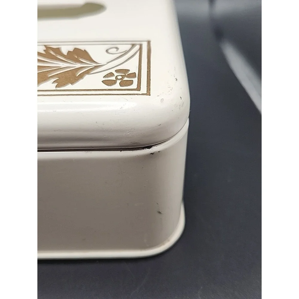 Vintage Ransburg Metal Tissue Box Holder White W/ Gold Leaf Design Mountable